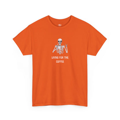  An orange T-shirt with a skeleton holding a hot coffee, displaying a rock hand symbol, and "Living For The Coffee" text.
