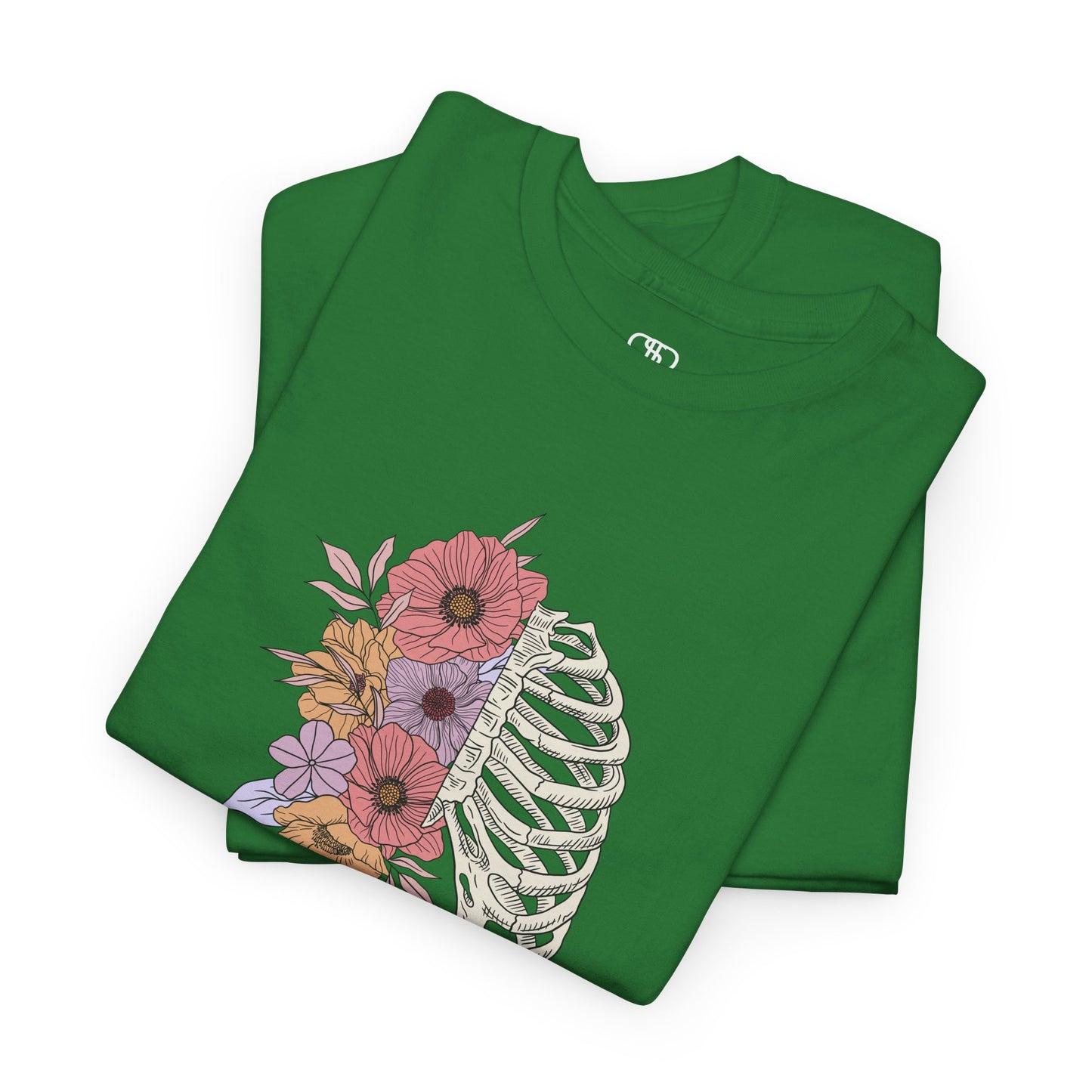 Folded Green T-shirt with a lung graphic, half skeletal ribcage, half flowers.
