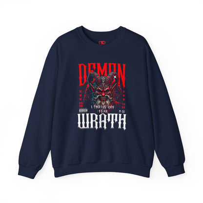 A Navy sweater featuring a Red horned demon head with "Demon Wrath" text and lightning, gothic horror apparel design.