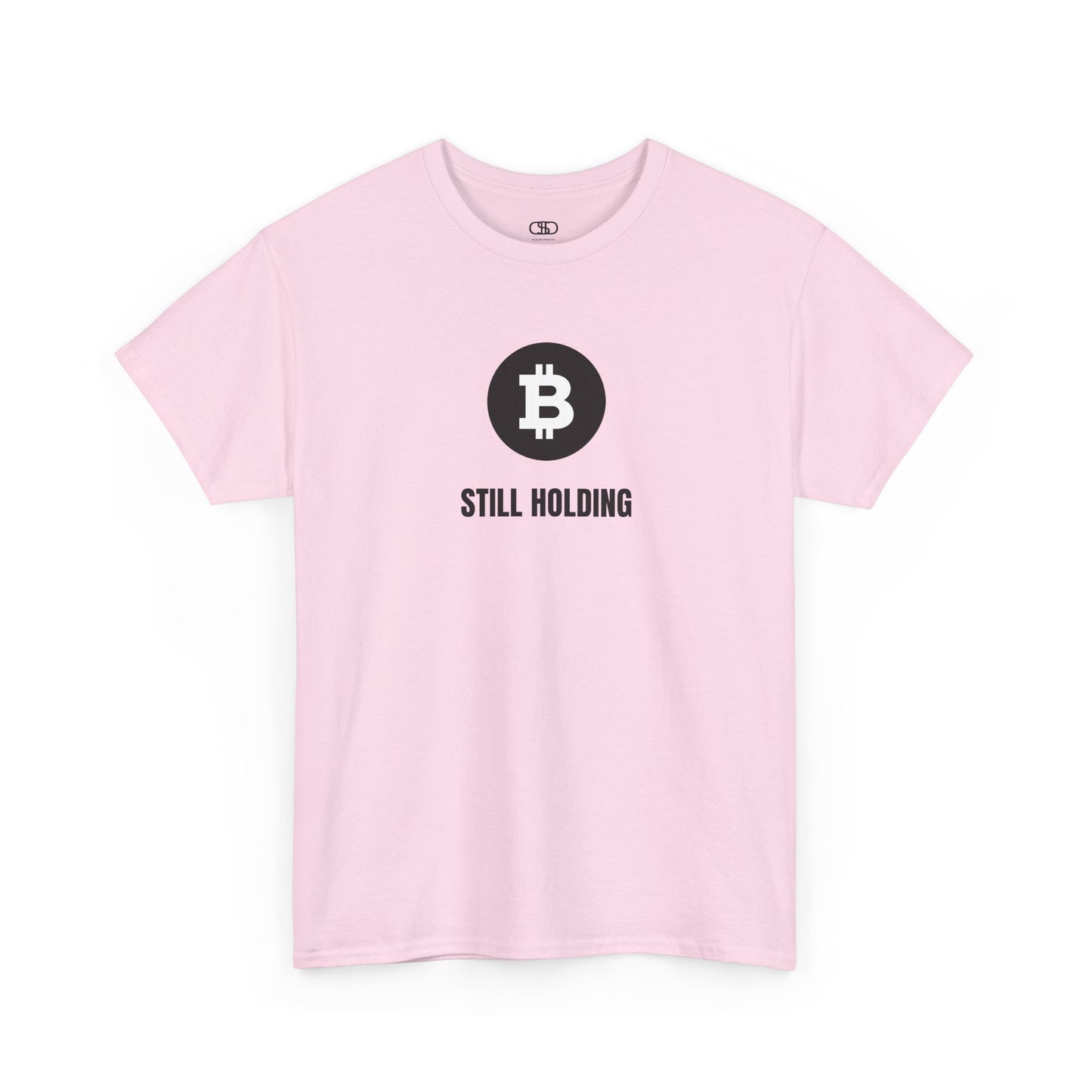A LIGHT PINK T-shirt with a Bitcoin emblem and "Still Holding" text in black.