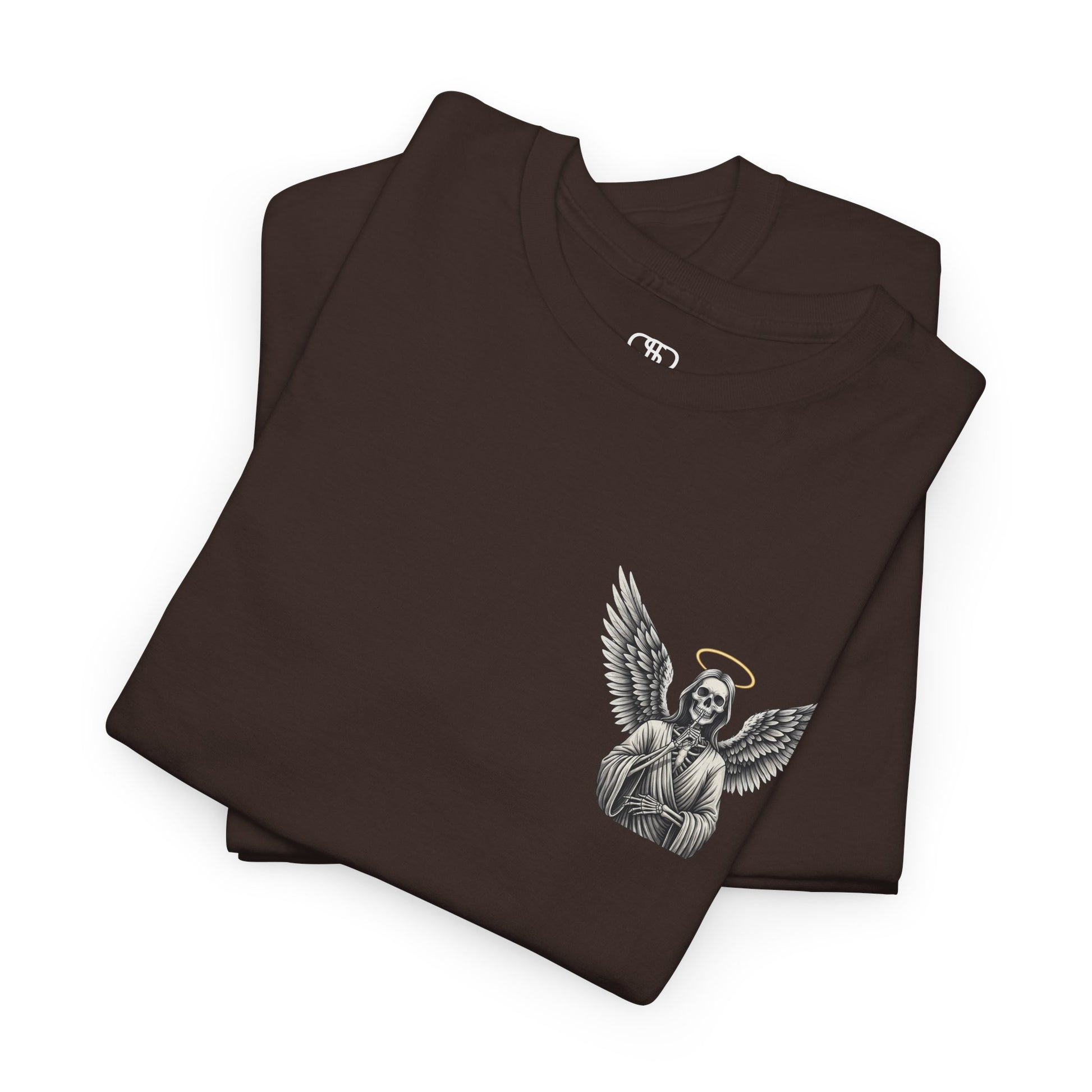 A dark brown t-shirt with a skeleton angel on the front and the phrase “Shh. No one Cares” on the back.