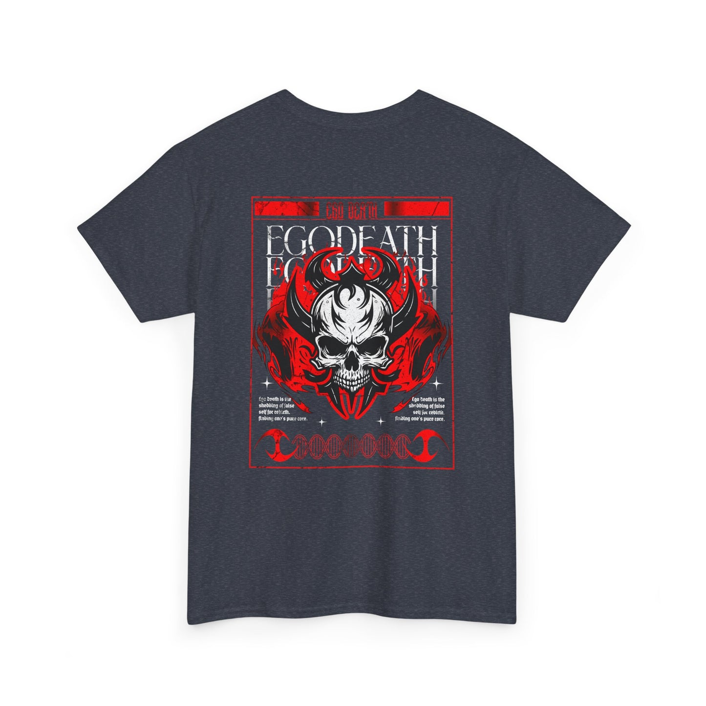 A heather gray t-shirt with a gothic skull design, red ghostly aura, and "Ego Death" text for spiritual rebirth.
