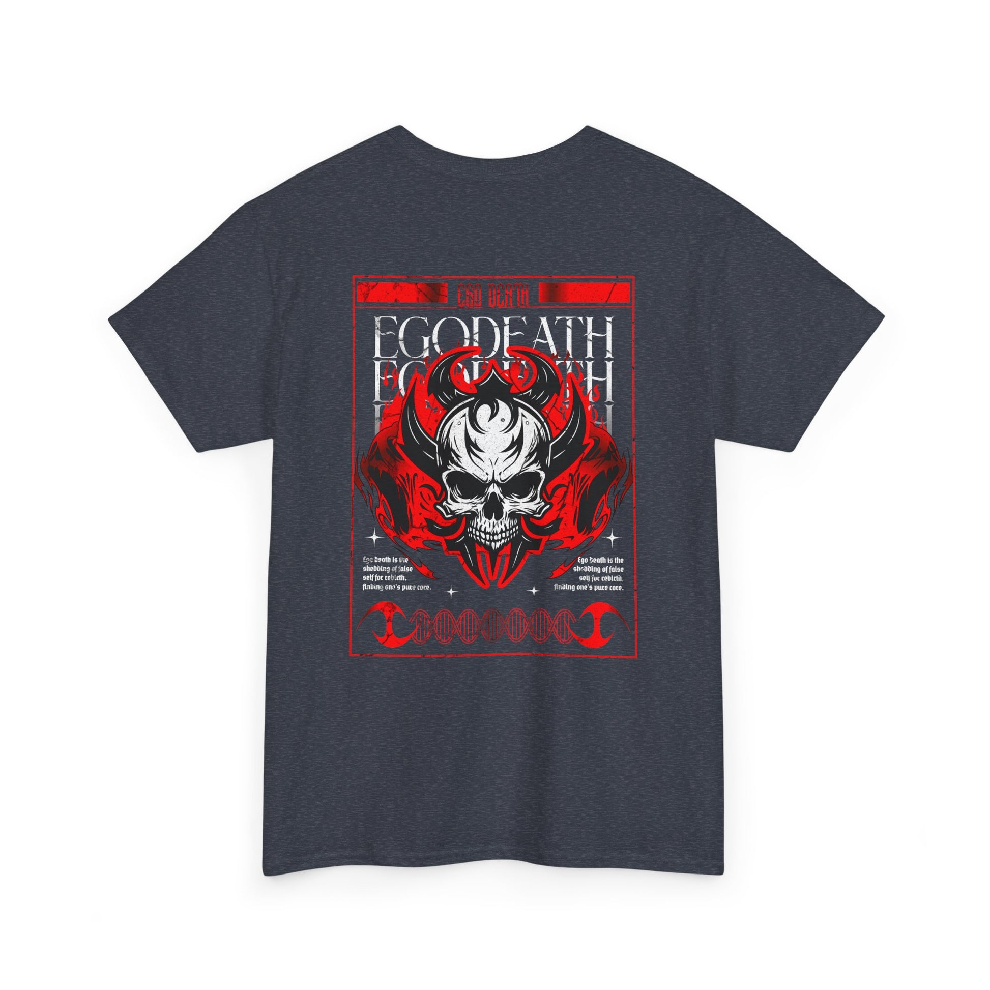 A heather gray t-shirt with a gothic skull design, red ghostly aura, and "Ego Death" text for spiritual rebirth.