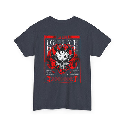 A heather gray t-shirt with a gothic skull design, red ghostly aura, and "Ego Death" text for spiritual rebirth.