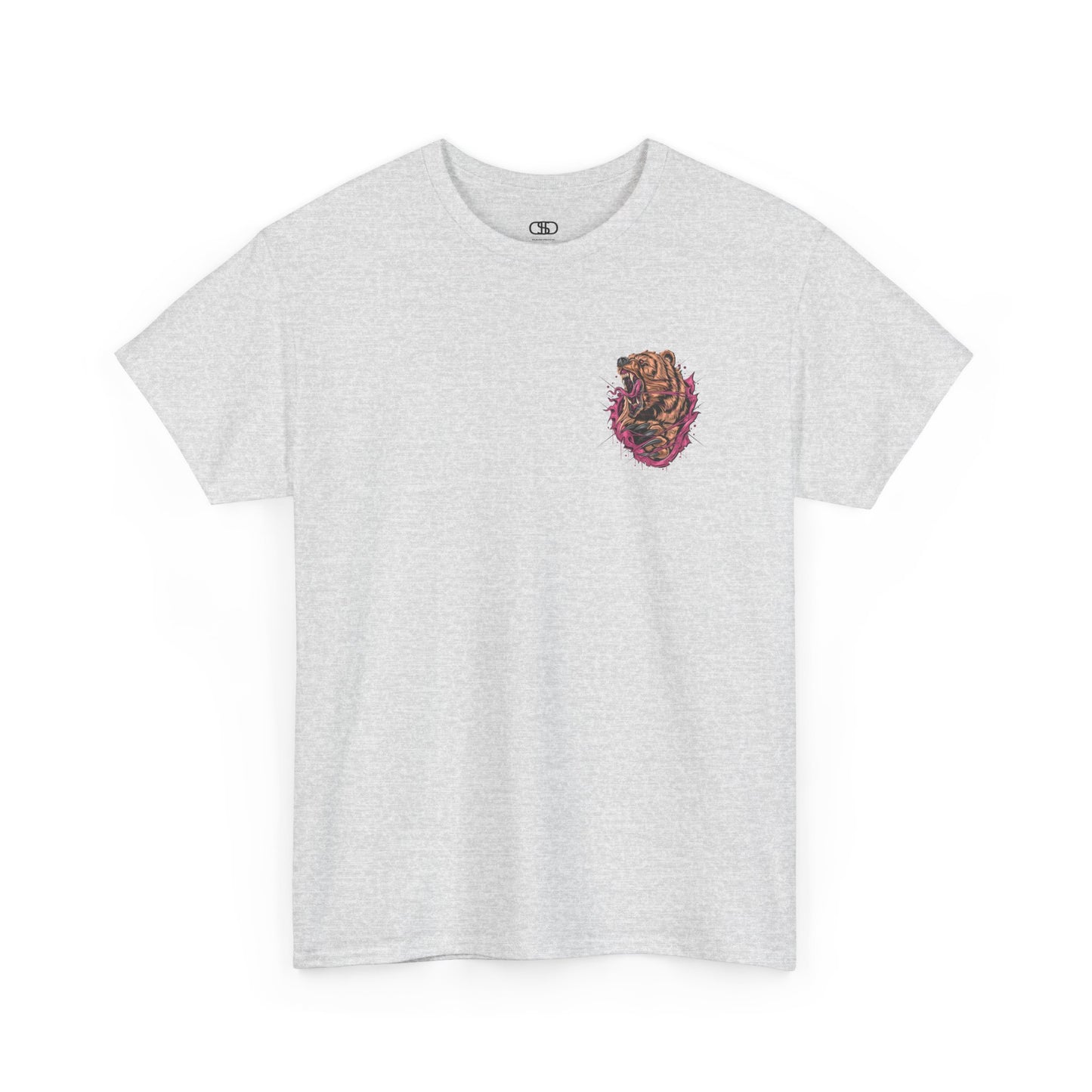 An ash gray T-shirt with a graphic of a raging bear ripping through the fabric, growling, with claws out and red eyes.