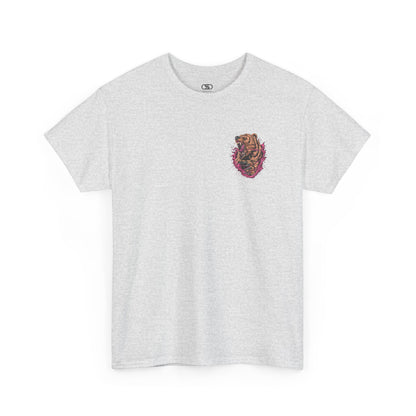 An ash gray T-shirt with a graphic of a raging bear ripping through the fabric, growling, with claws out and red eyes.