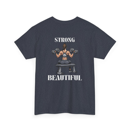A heather navy t-shirt with a woman lifting weights on the front with "I am strong" and a larger design on the back stating “Strong is beautiful.”