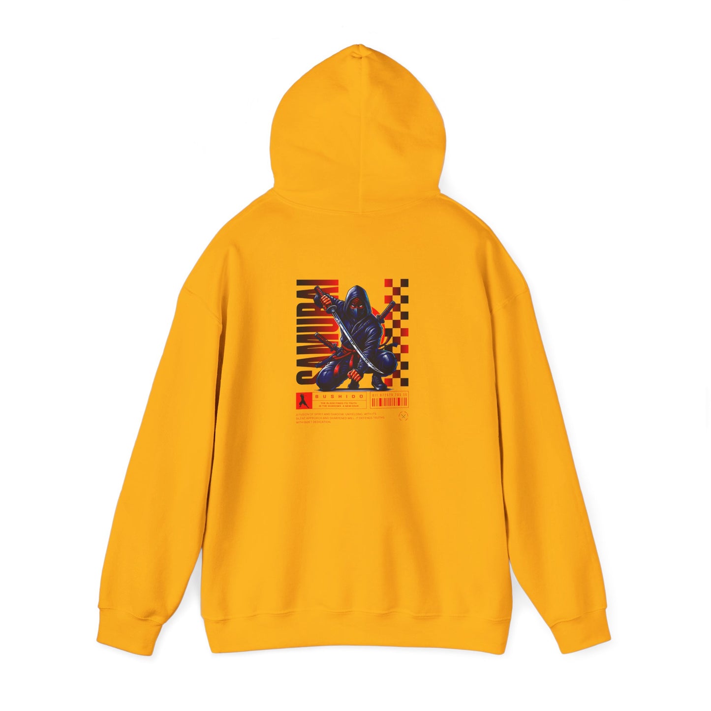A daisy yellow hoodie featuring a Crouching ninja with two katanas and "Bushido" text, red and black Japanese-inspired hoodie design.