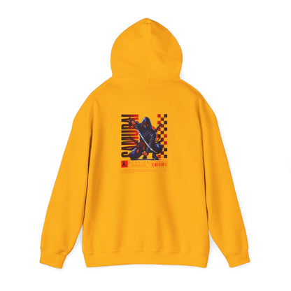 A daisy yellow hoodie featuring a Crouching ninja with two katanas and "Bushido" text, red and black Japanese-inspired hoodie design.