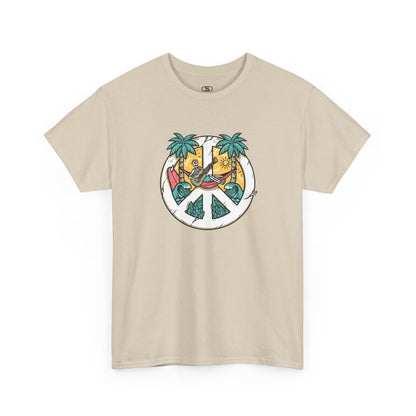  T-shirt showing a skeleton with a peace sign head, lying in a hammock playing a guitar between two palm trees with waves in the background.
