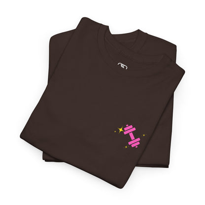 A dark brown t-shirt with a pink dumbbell on the front and the phrase “I work out because punching people is frowned Upon” in a retro font on the back.