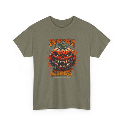 A heather military green t-shirt featuring a Scary fanged jack-o'-lantern with "Spooky Fest Halloween Your Soul Now Belongs To Me!" text, orange and black horror t-shirt.