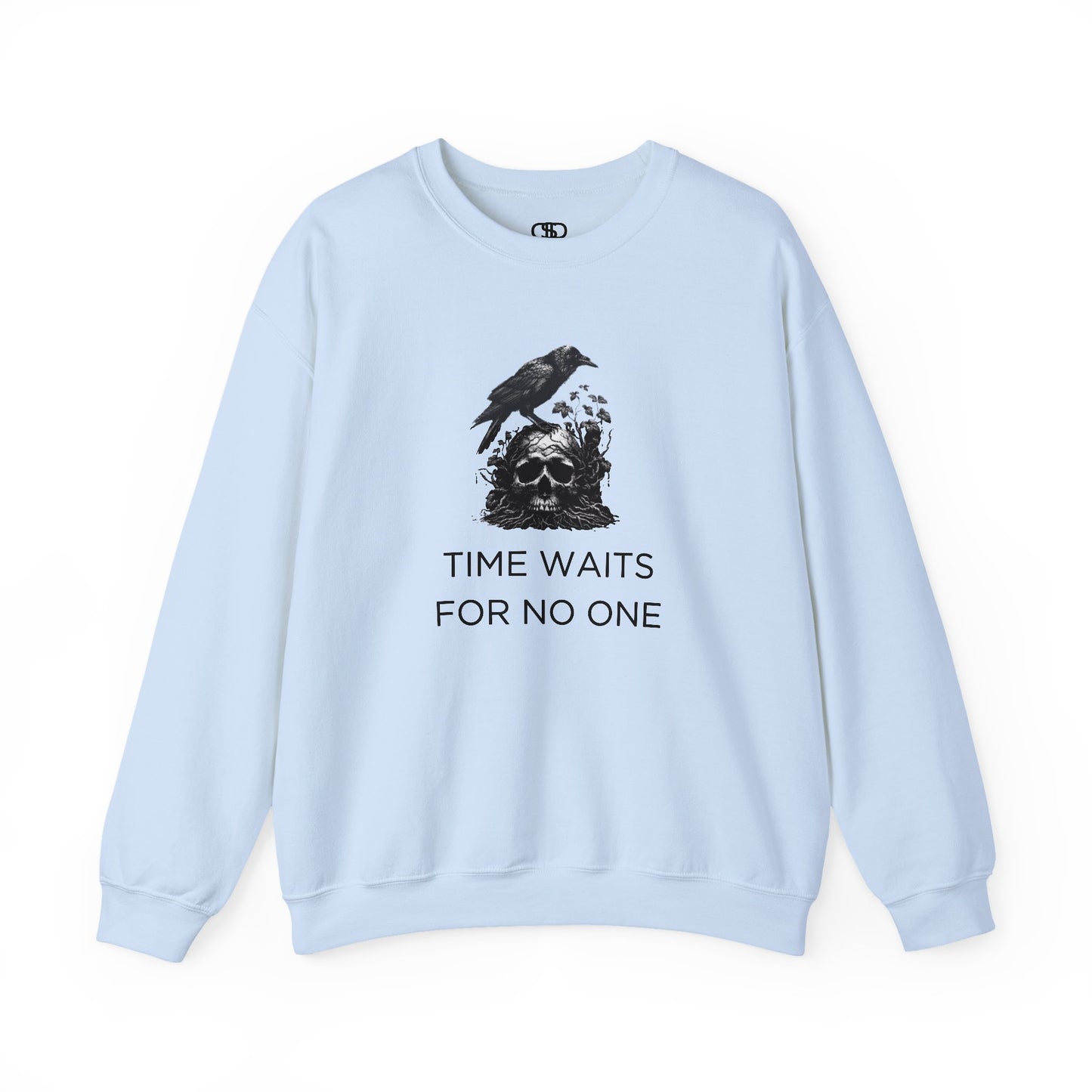 A sweatshirt featuring a detailed illustration of a crow perched on a human skull that is intertwined with overgrown vines and moss. Along with the words Time Waits For No One. 
