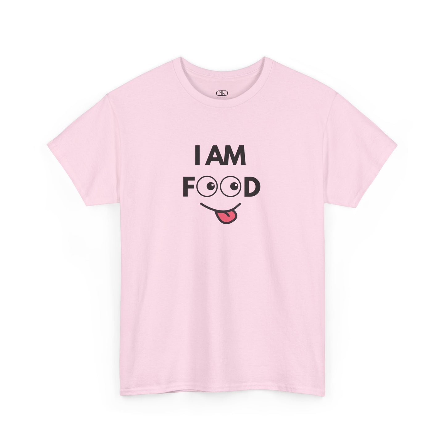 A light pink T-shirt with "I AM FOOD" text, where the 'OO' are cartoon eyes, and a tongue-out graphic.