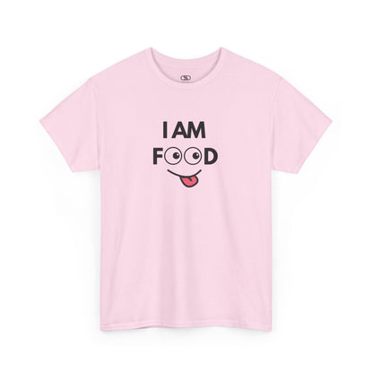 A light pink T-shirt with "I AM FOOD" text, where the 'OO' are cartoon eyes, and a tongue-out graphic.
