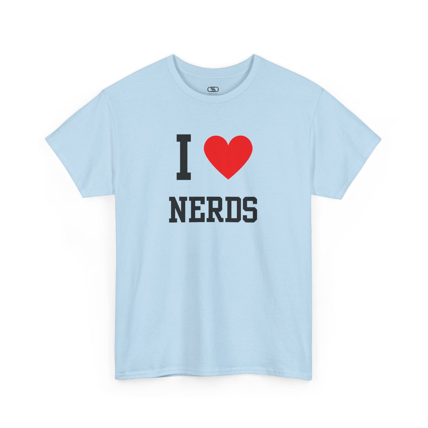 Light blue t-shirt with 'I ❤️ NERDS' text on a white background