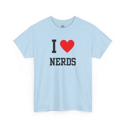 Light blue t-shirt with 'I ❤️ NERDS' text on a white background