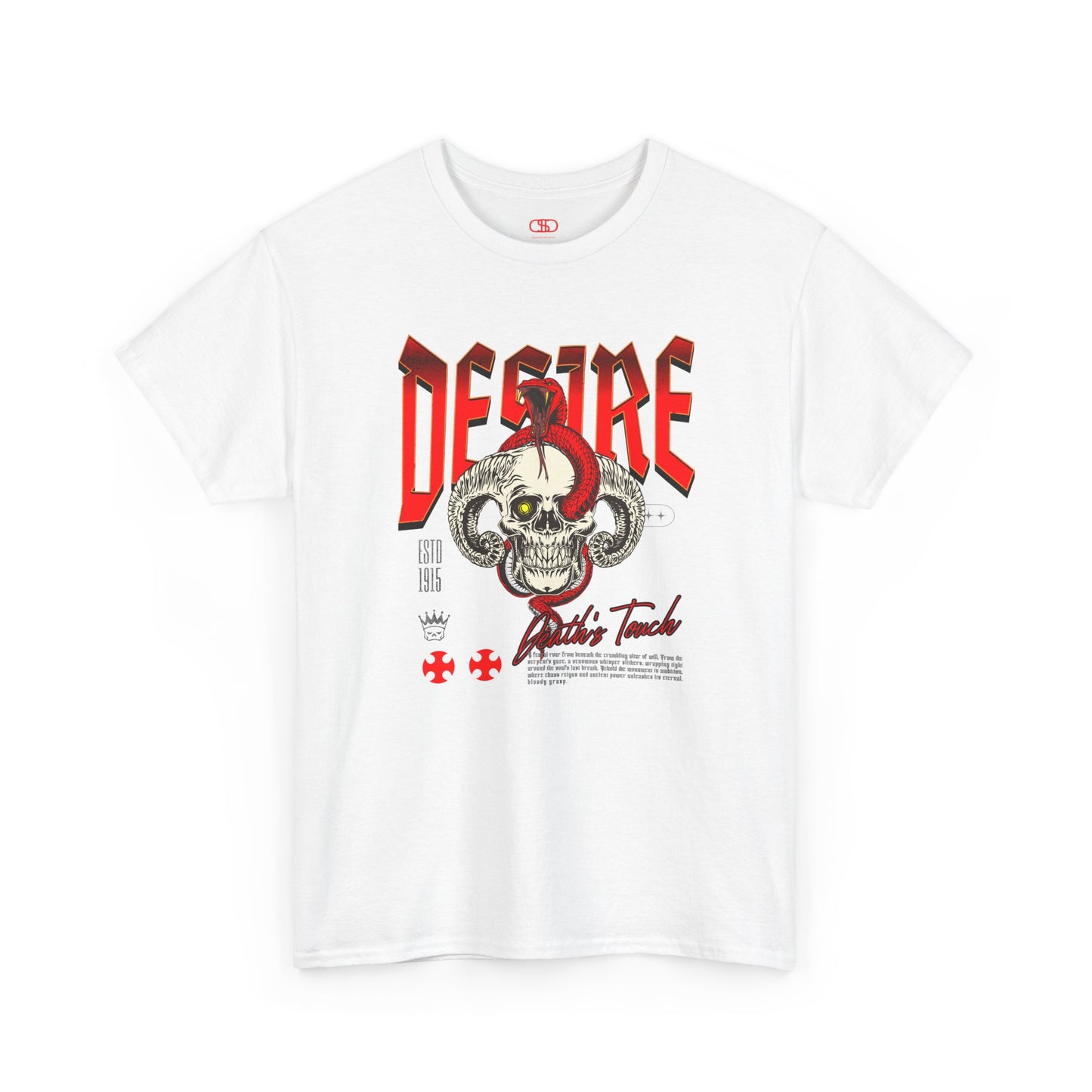 A white t-shirt featuring a Horned skull with glowing eye and red snake wrapped around it, "Desire Death's Touch" text, gothic t-shirt design.