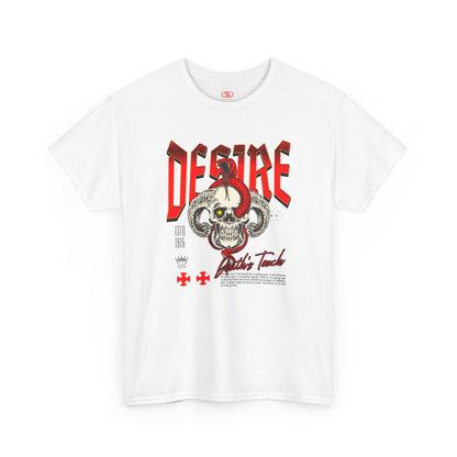 A white t-shirt featuring a Horned skull with glowing eye and red snake wrapped around it, "Desire Death's Touch" text, gothic t-shirt design.