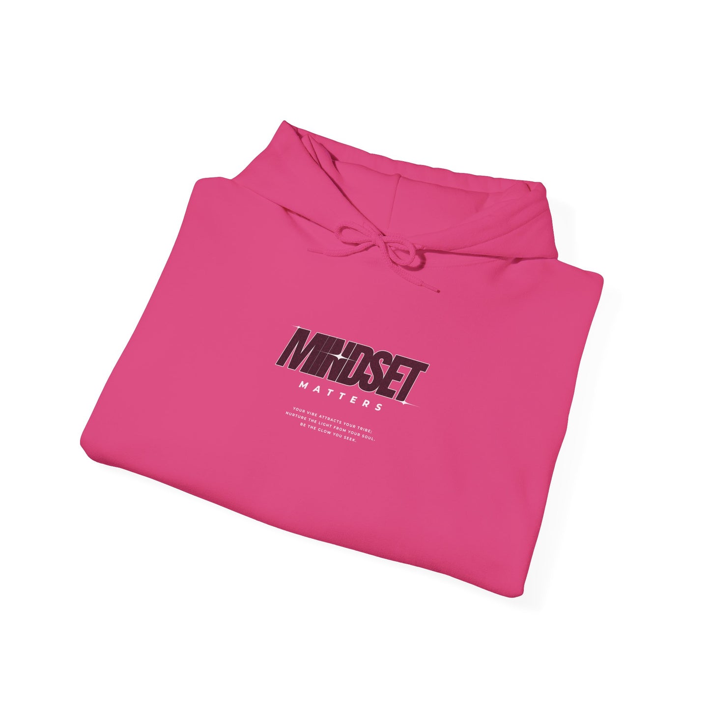 A folded pink hoodie "Mindset Matters" text with stars on hoodie, with an inspirational quote below.