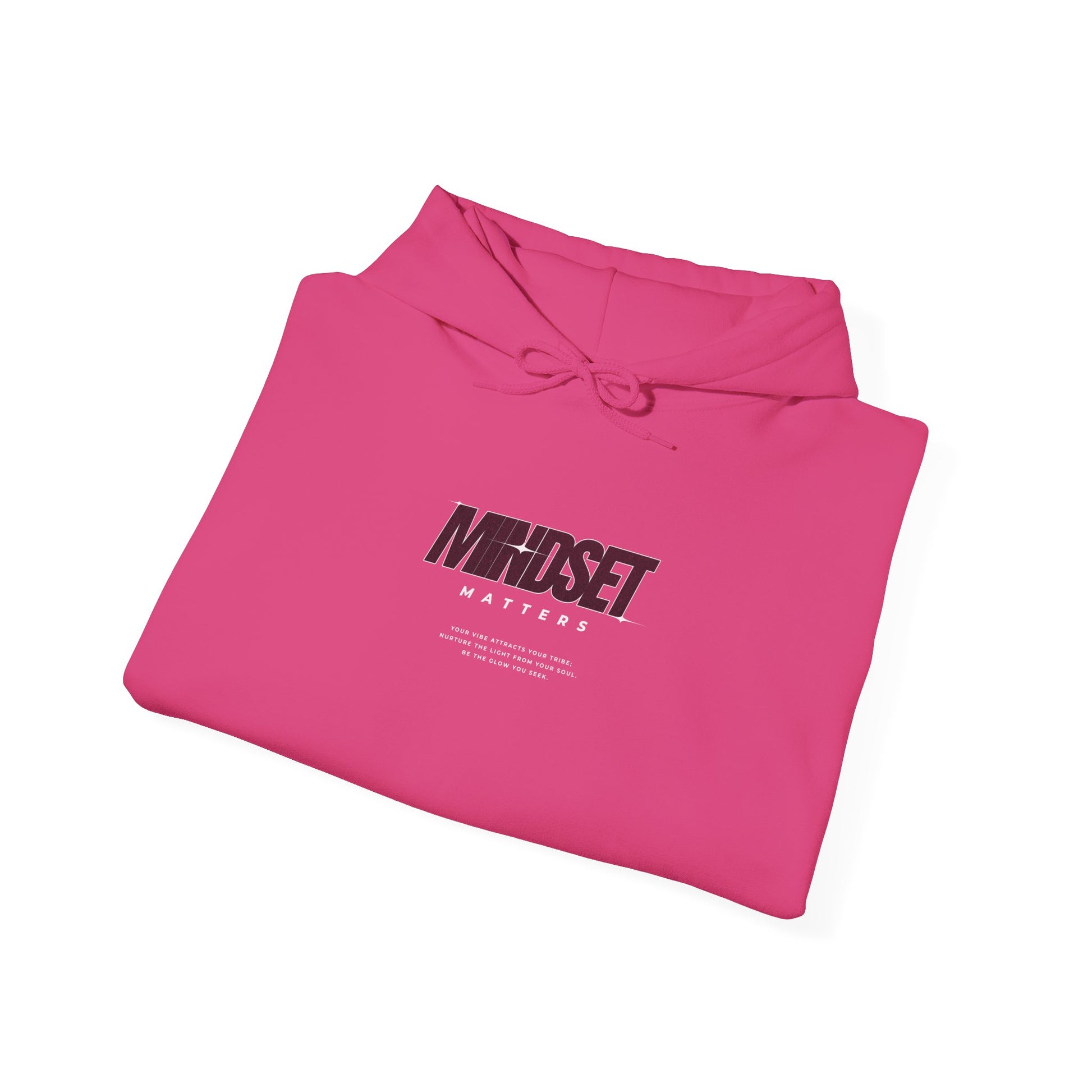 A folded pink hoodie "Mindset Matters" text with stars on hoodie, with an inspirational quote below.