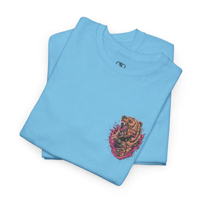 A folded sky blue T-shirt with a graphic of a raging bear ripping through the fabric, growling, with claws out and red eyes.