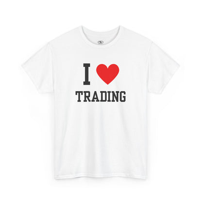 A minimalist t-shirt featuring the "I Love  design with the text "I," a red heart symbol, and the word "Trading" underneath.