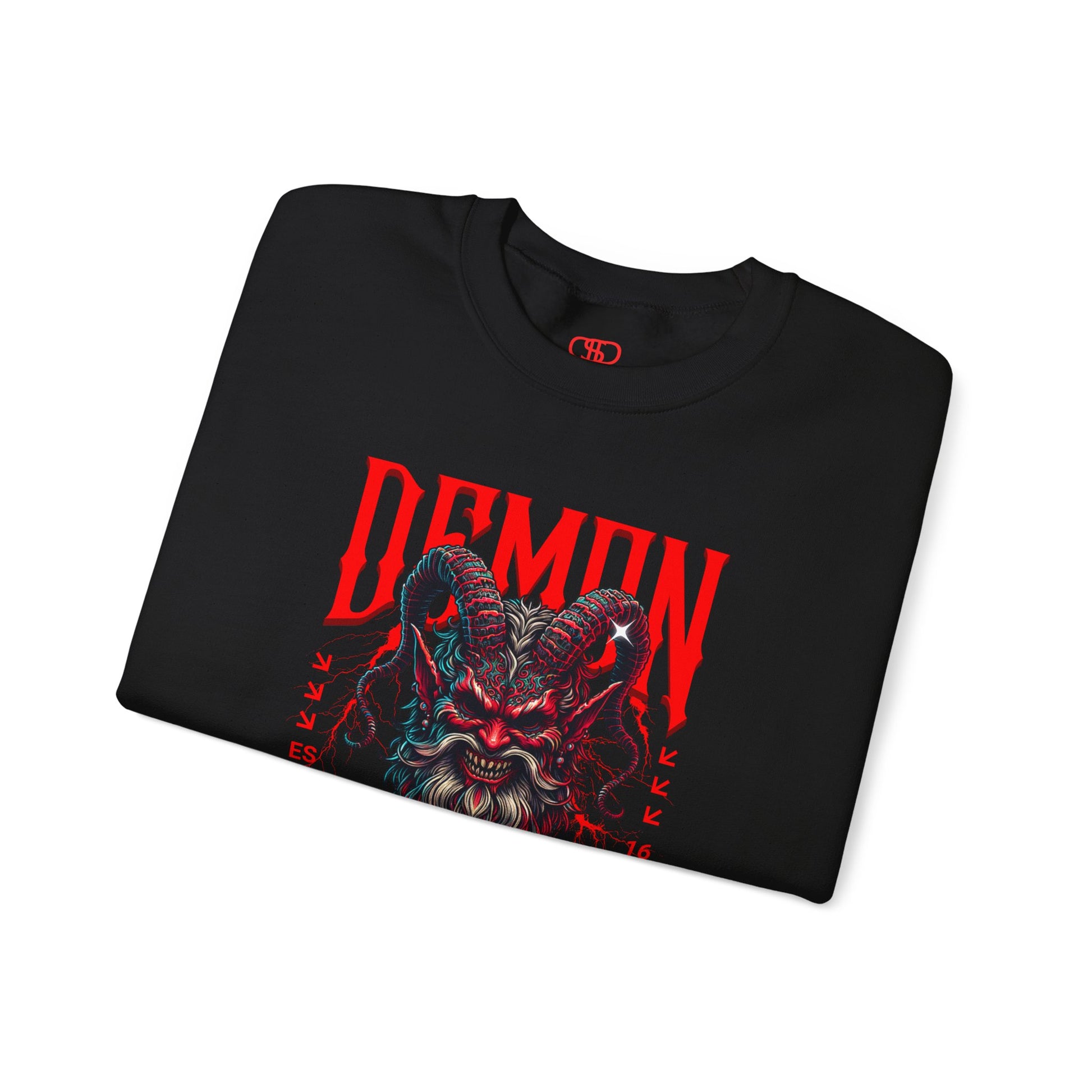 A folded black sweater featuring a Red horned demon head with "Demon Wrath" text and lightning, gothic horror apparel design.