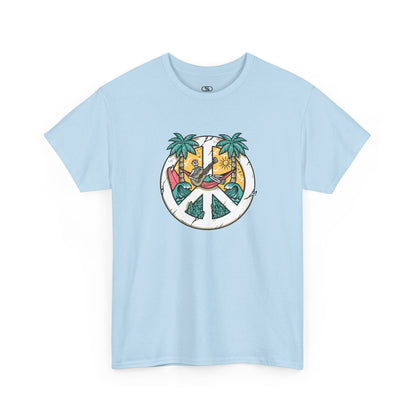 T-shirt showing a skeleton with a peace sign head, lying in a hammock playing a guitar between two palm trees with waves in the background.
