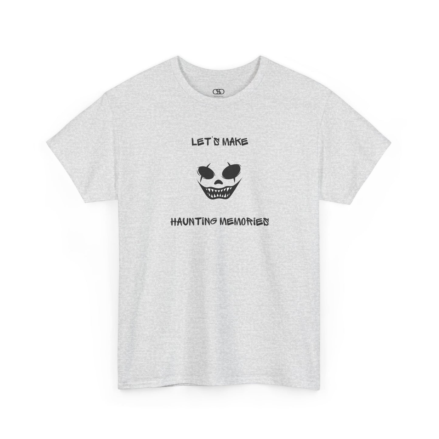 An ash gray T-shirt with a daring clown graphic with sharp teeth and scars, and "Let’s Make Haunting Memories" text.