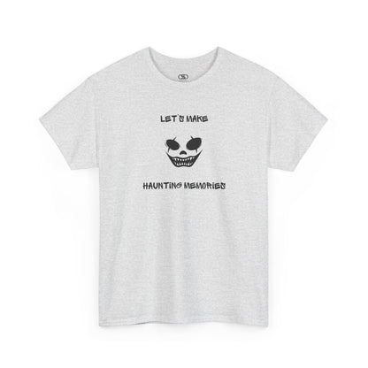 An ash gray T-shirt with a daring clown graphic with sharp teeth and scars, and "Let’s Make Haunting Memories" text.