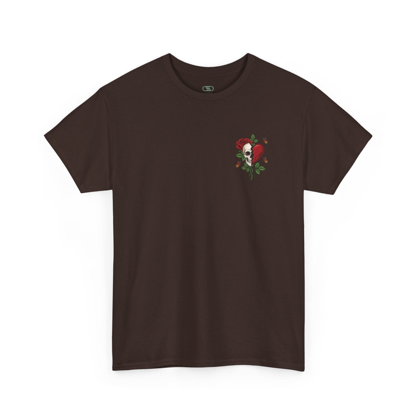 A dark brown t-shirt with a front design of a half skull, half broken heart, and a rose. The back reads "Gym Heals" in red.