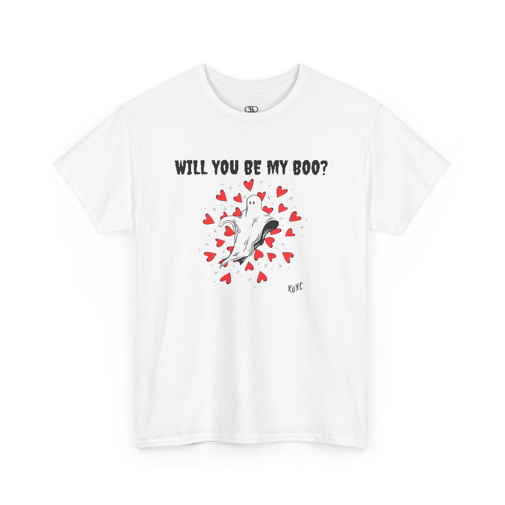  A t-shirt featuring a cute floating ghost surrounded by bursting hearts. At the top of the design, the text reads, "Will You Be my Boo?"