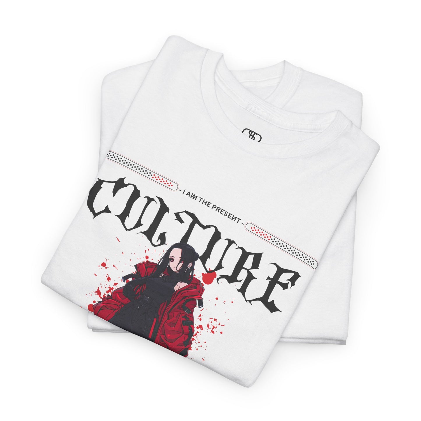 A folded white T-shirt with a futuristic female anime character, "I Am The Present" and "Culture" text, and an inspirational memo.