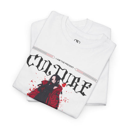 A folded white T-shirt with a futuristic female anime character, "I Am The Present" and "Culture" text, and an inspirational memo.