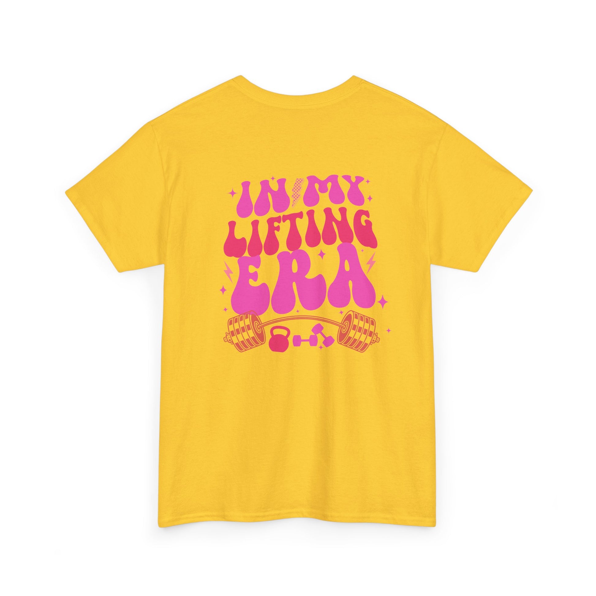 A daisy t-shirt with a retro smiley face on the front and the phrase “In my lifting Era” in a creative retro design on the back.