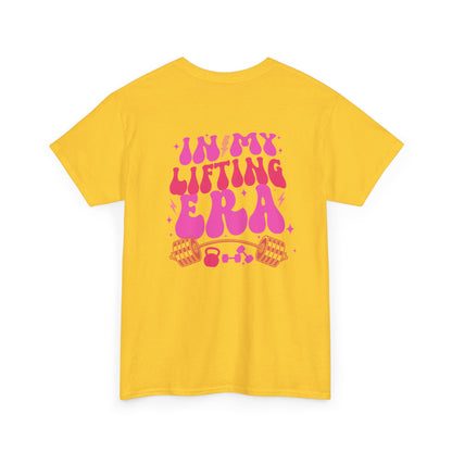 A daisy t-shirt with a retro smiley face on the front and the phrase “In my lifting Era” in a creative retro design on the back.