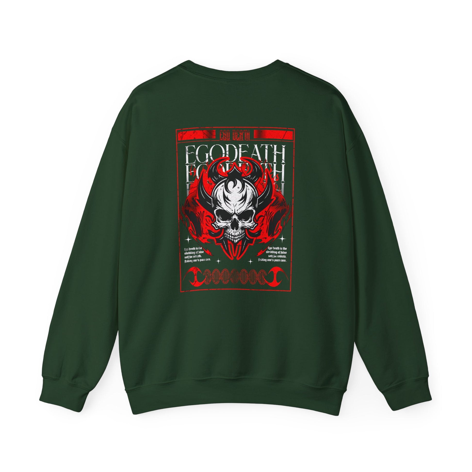 A Forest Green Sweater with a gothic skull design, red ghostly aura, and "Ego Death" text for spiritual rebirth.