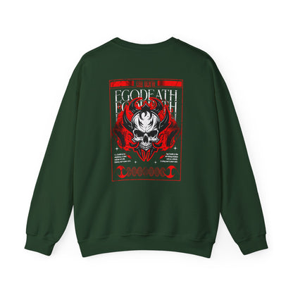 A Forest Green Sweater with a gothic skull design, red ghostly aura, and "Ego Death" text for spiritual rebirth.