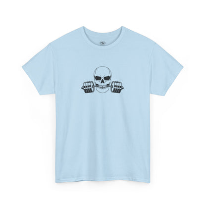 A light blue colored t-shirt in with a skull biting a barbell and the words.