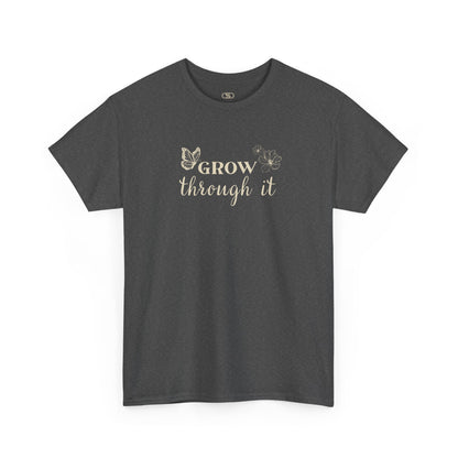 A heather gray t-shirt with "Grow Through It" and a butterfly on the front and a design of a spine with vines, flowers, and butterflies on the back.