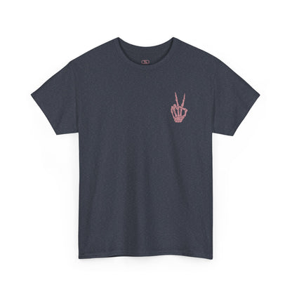 A [heather gray] t-shirt with a skeletal peace sign on the front and the phrase “Have the day you deserve” with a large skeletal peace sign on the back.