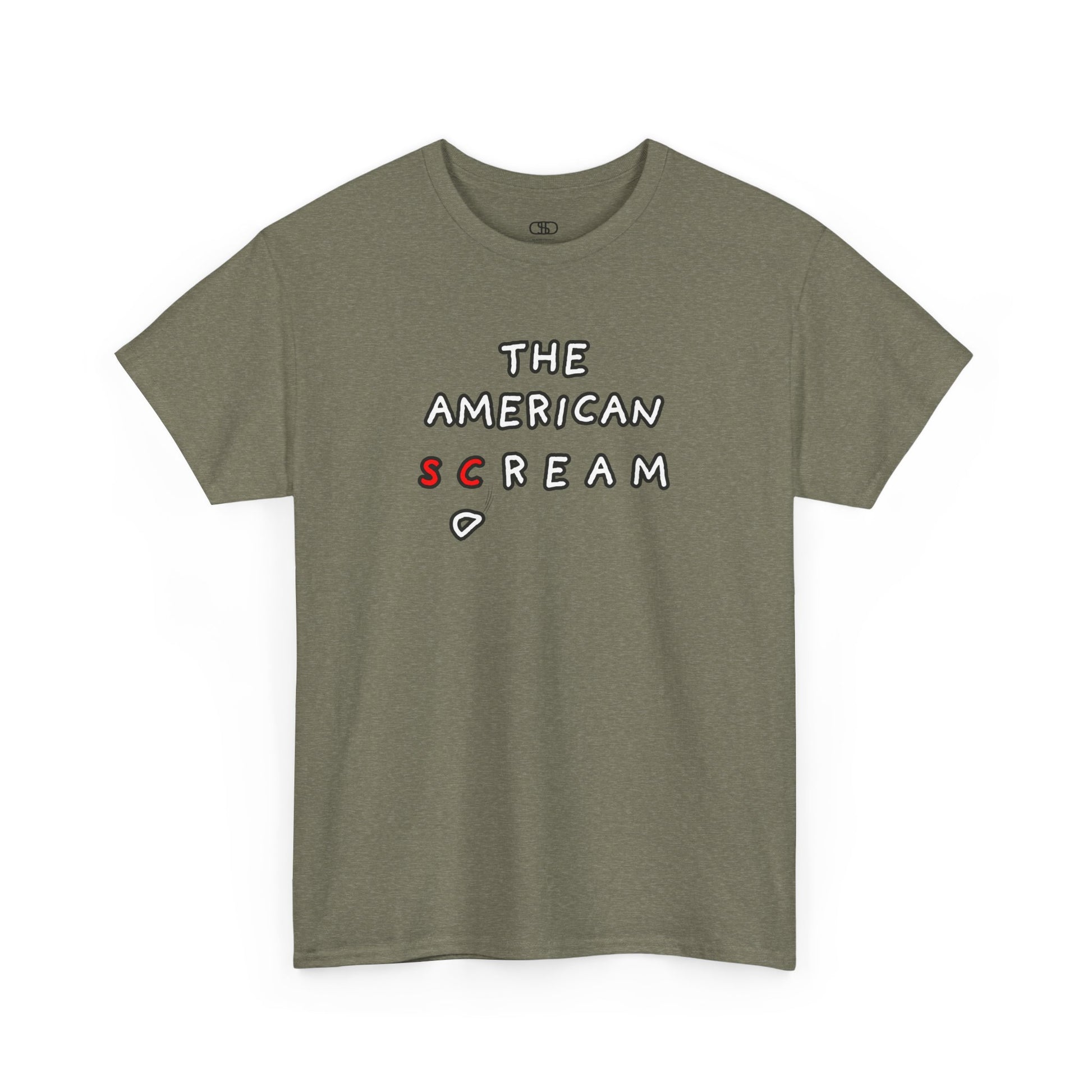  A t-shirt with the phrase "The American Scream..." where the letters 'Sc' are in red and the letter 'D' is depicted as falling or collapsing, symbolizing the American Dream turning into a scream.
