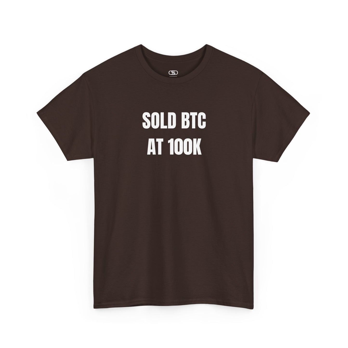 A dark brown T-shirt with bold text "SOLD BTC At 100K" on the front.