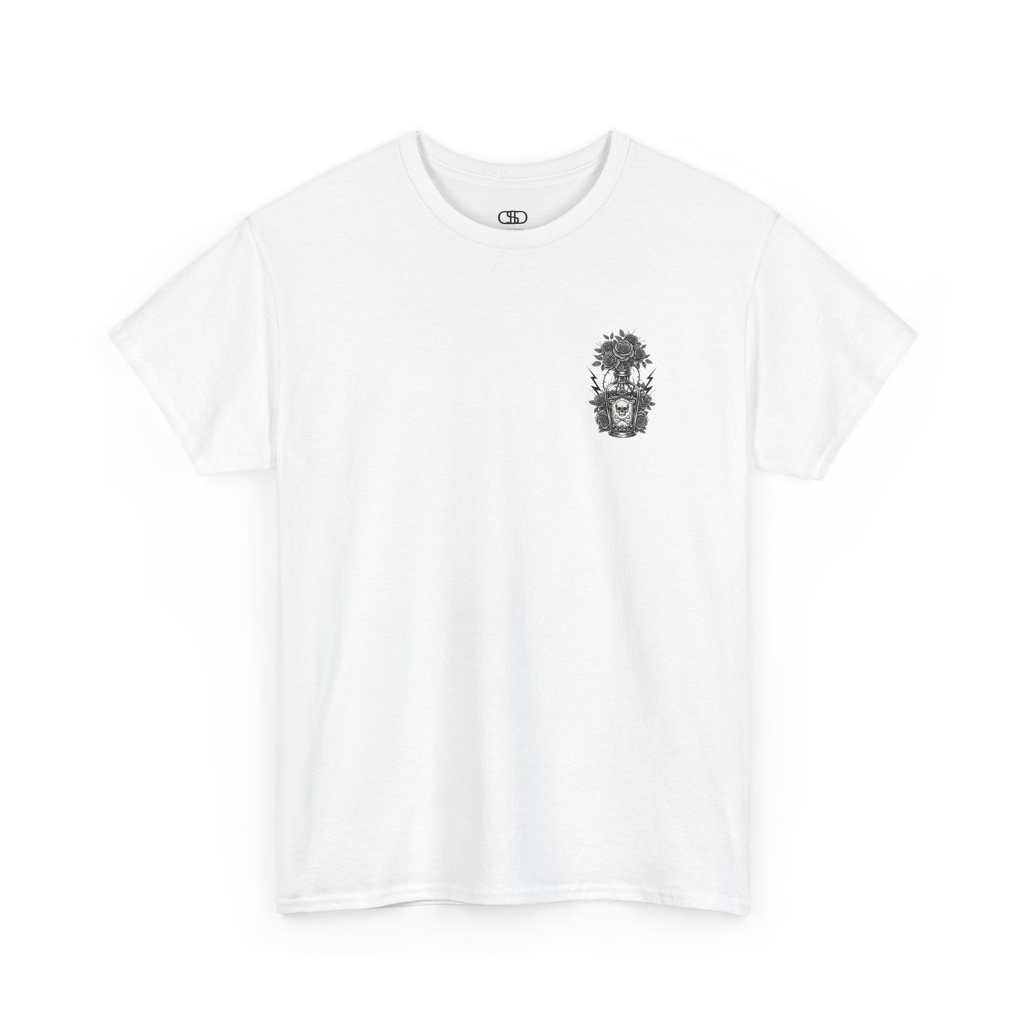 A white t-shirt with a skull and crossbones vase filled with roses and the words “Surviving Purely Out of Spite” in a gothic font.