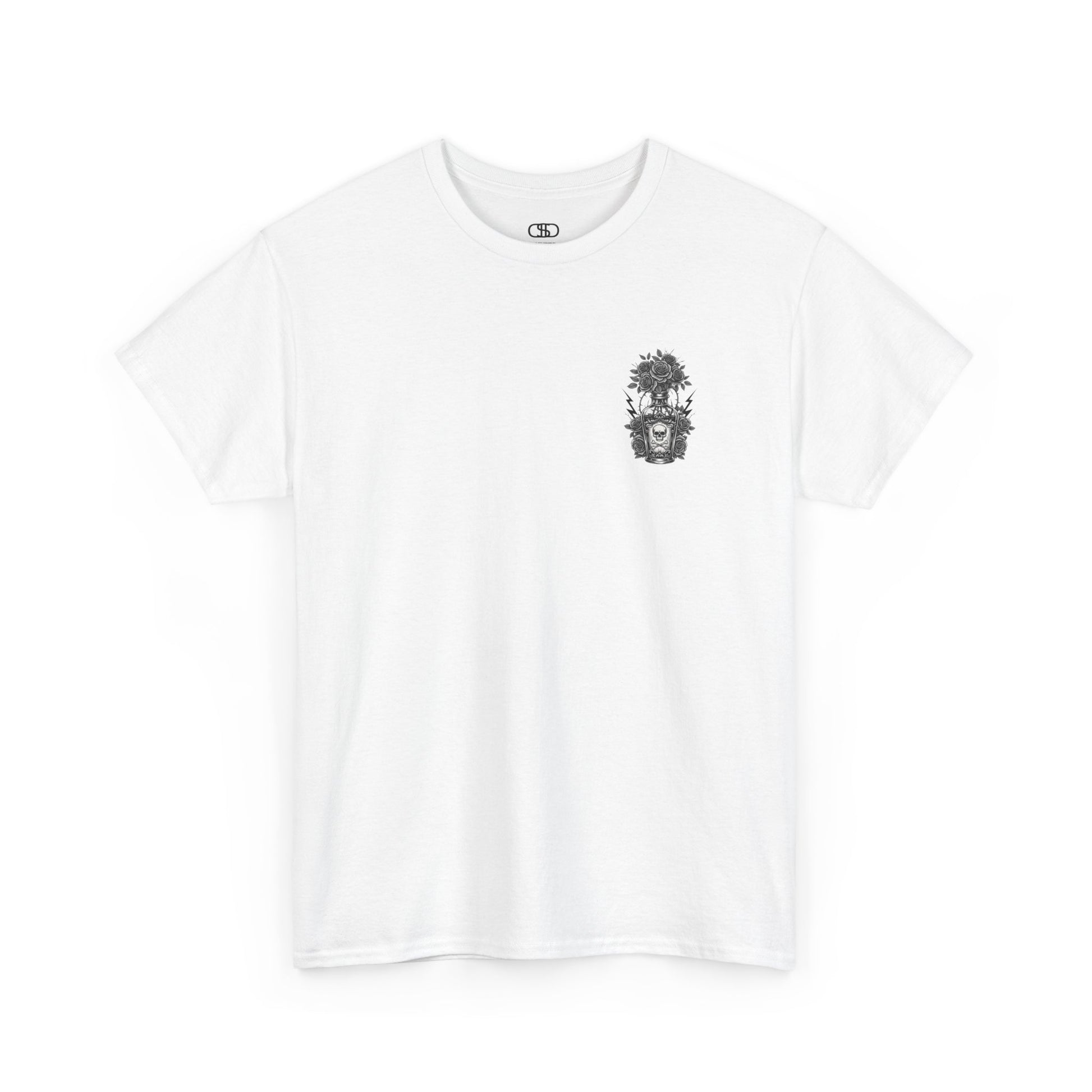 A white t-shirt with a skull and crossbones vase filled with roses and the words “Surviving Purely Out of Spite” in a gothic font.