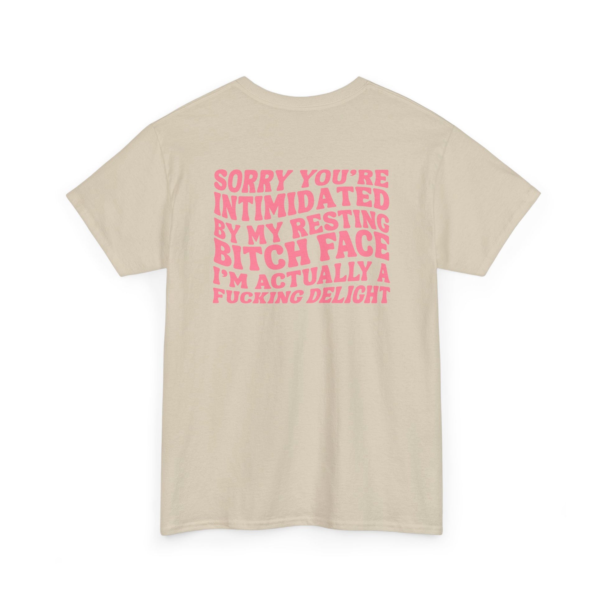 A sand t-shirt with a skeletal hand in a bubble on the front and the phrase “Sorry you’re intimidated by my resting Bitch ace I’m actually a fucking delight” on the back.