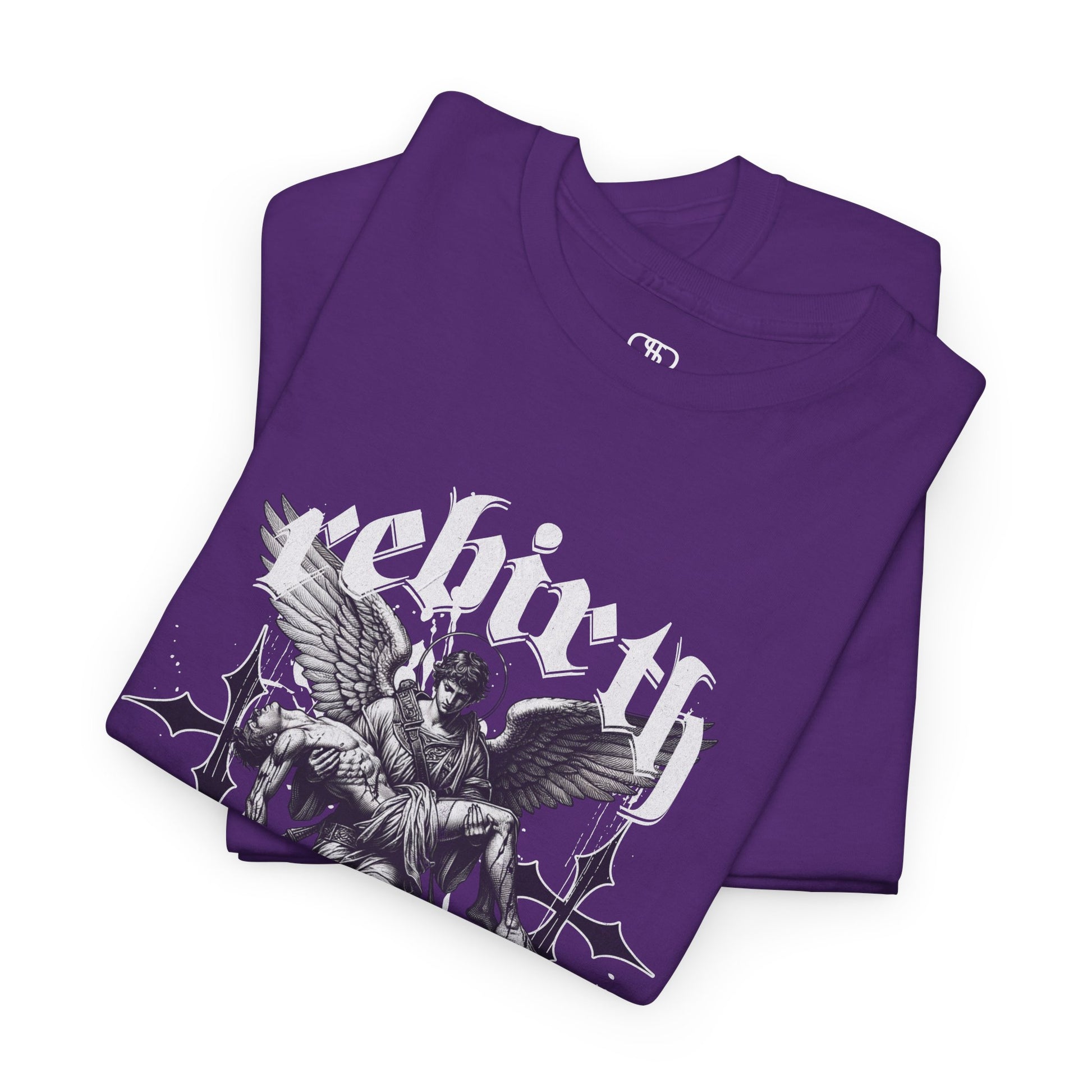 A folded purple T-shirt featuring a Angel carrying a figure with "Rebirth" text, white and black gothic spiritual art t-shirt.