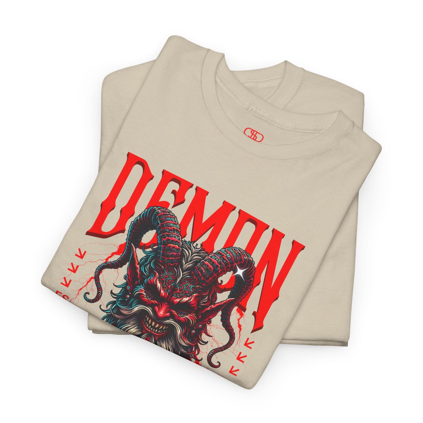 A folded sand t-shirt featuring a Red horned demon head with "Demon Wrath" text and lightning, gothic horror t-shirt design