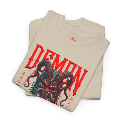 A folded sand t-shirt featuring a Red horned demon head with "Demon Wrath" text and lightning, gothic horror t-shirt design